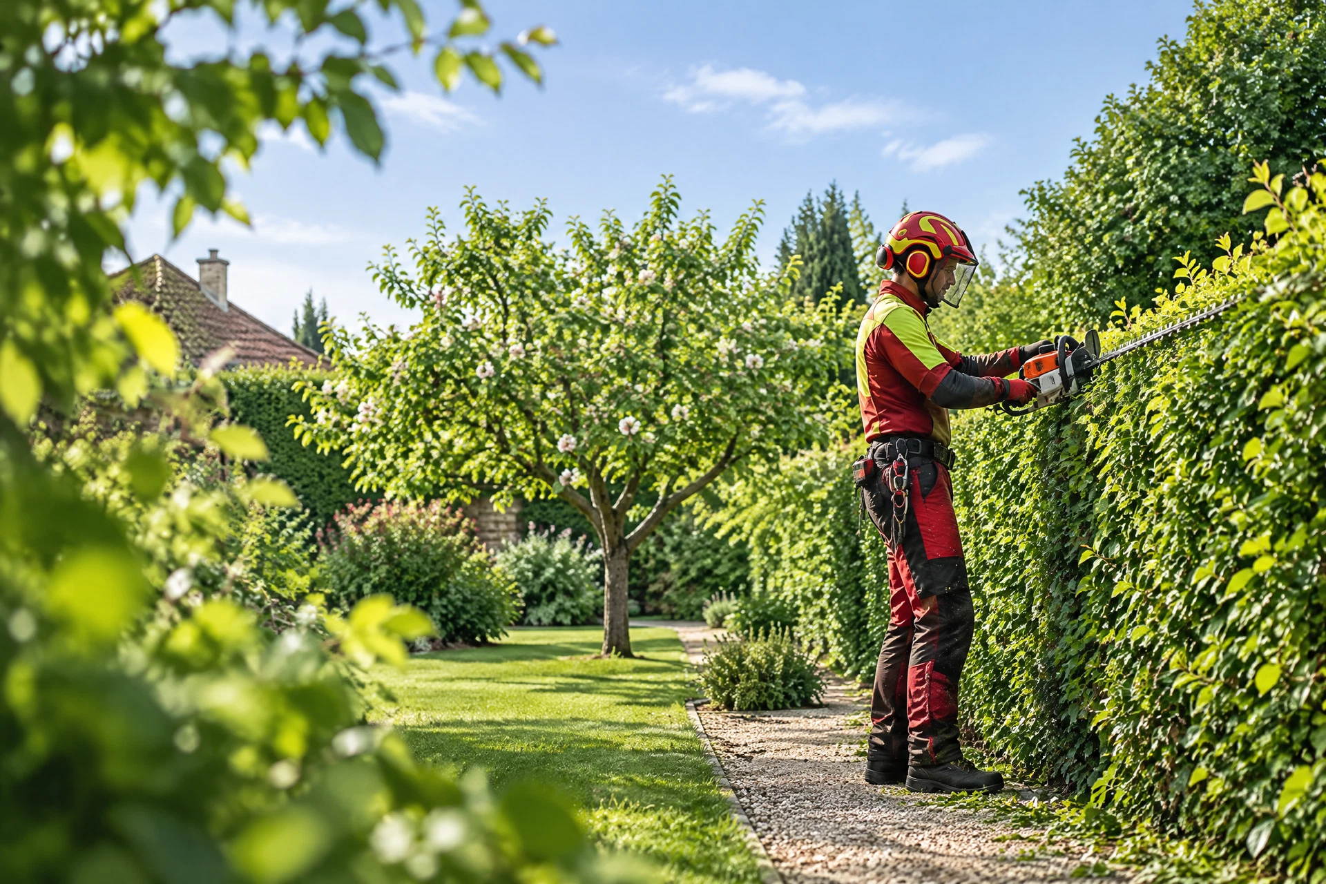 Visuel d’illustration : taille professionnelle d’une haie dans un jardin