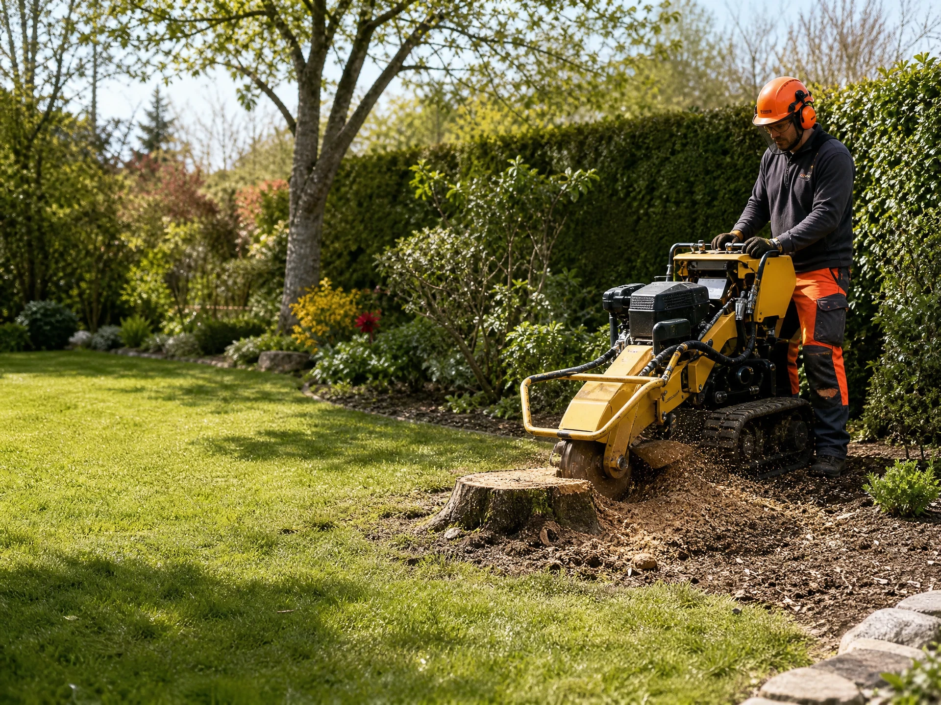 Rognage professionnel d’une souche dans un jardin